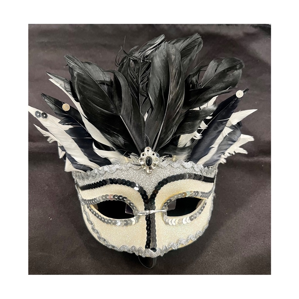 Masque Mystique Black & White Mystical Masquerade Mask w/Feathers